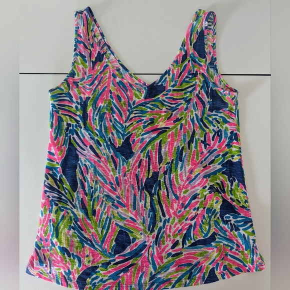 Lilly Pulitzer Gigi Tank Top Small Tropical Palm Print V Neck Cotton - Picture 6 of 8